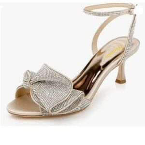 Milooey shoes Womens Glitter Rhinestone Bow Heeled Sandal Elegant Crystal Gold